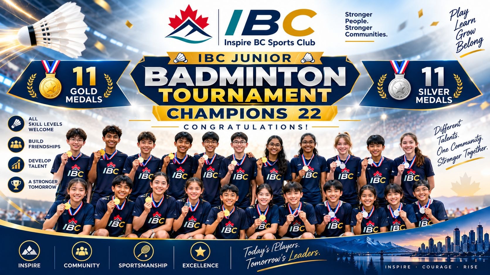 Junior Badminton Tournament poster — team celebrating with medals and trophy