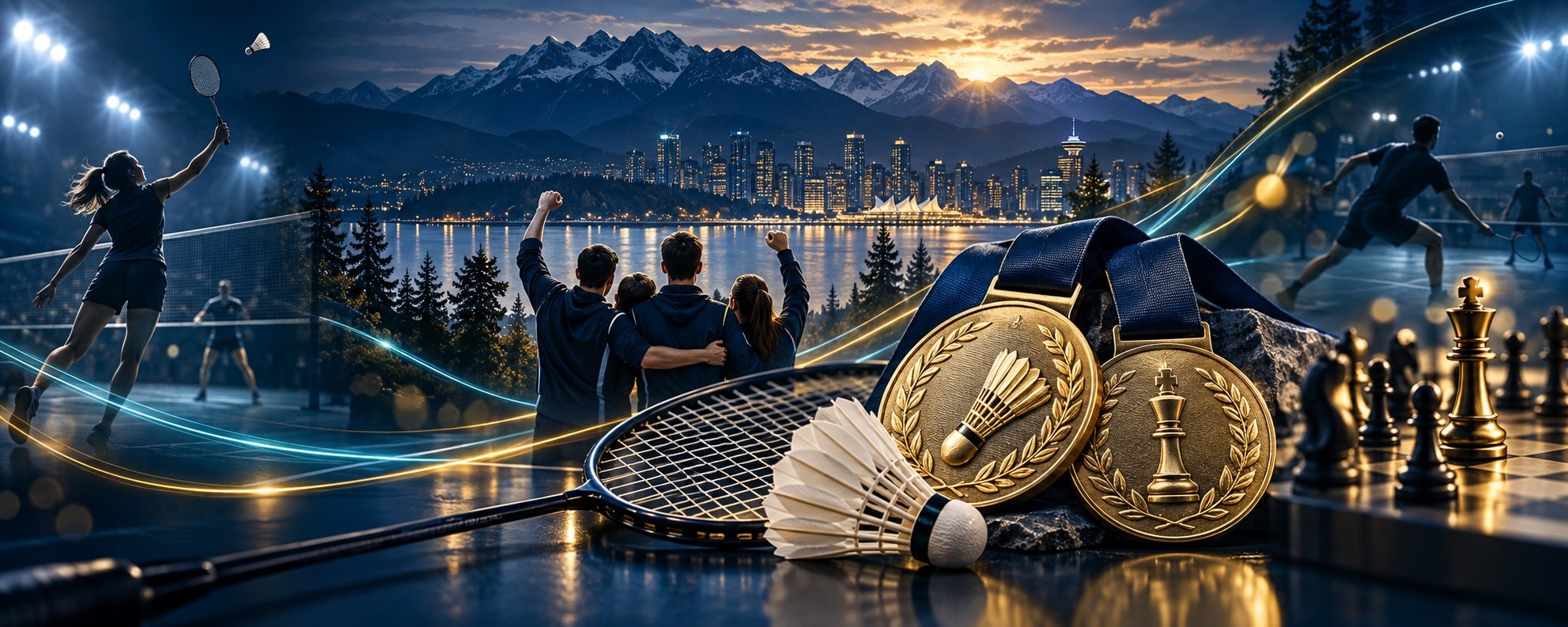 Collage of badminton and chess action, medals, and the Vancouver skyline and mountains at dusk