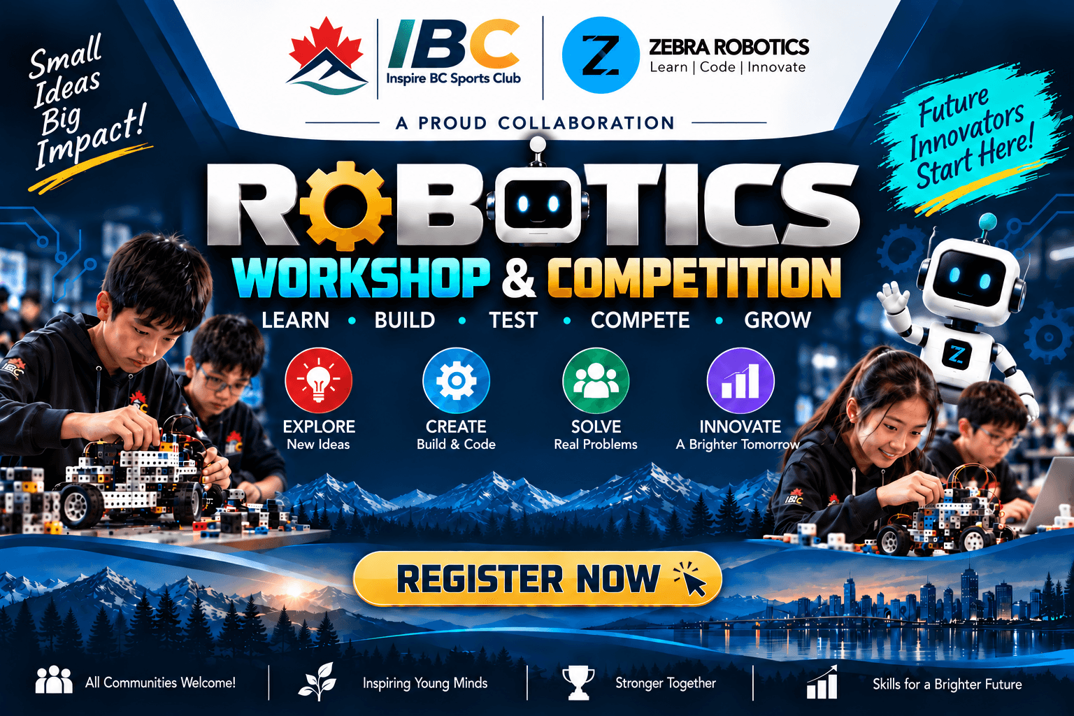 Robotics Workshop & Competition poster — IBC and Zebra Robotics, students building and coding robots together, Register Now