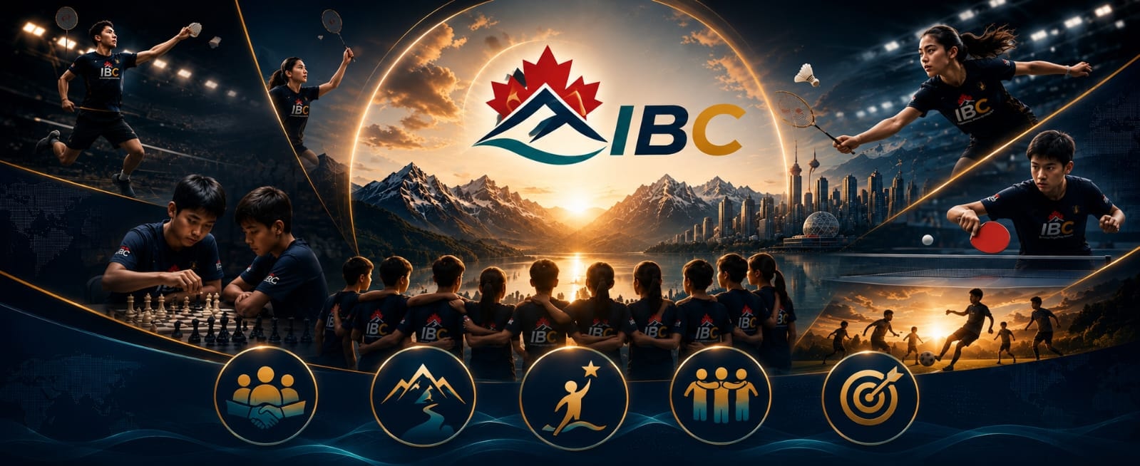 InspireBC athletes across badminton, chess, table tennis and soccer, united under the IBC crest against a BC mountain sunset