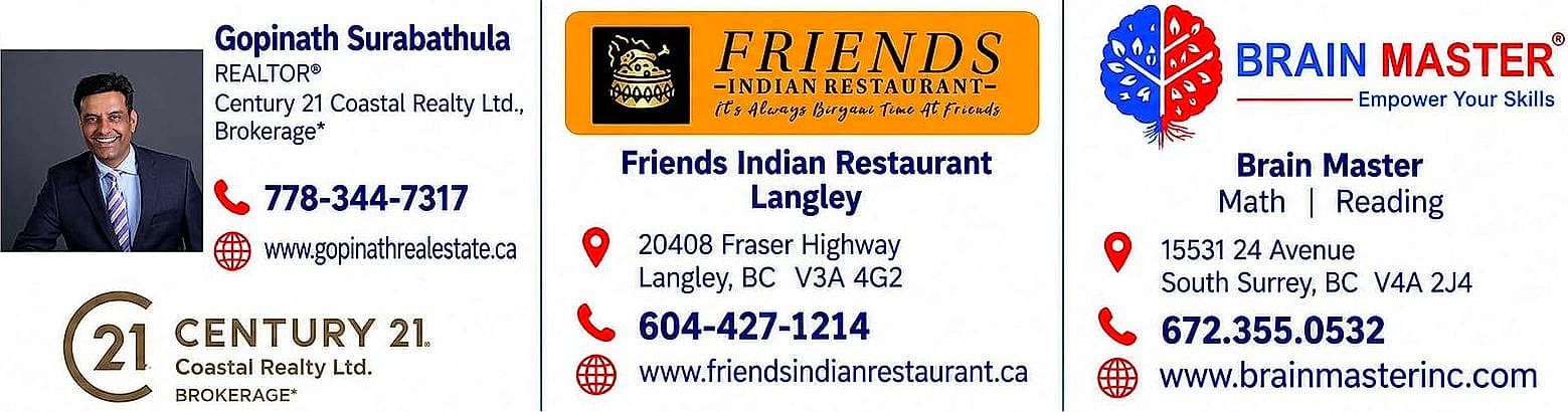 Our proud sponsors: Gopinath Surabathula (Century 21 Coastal Realty), Friends Indian Restaurant, and Brain Master