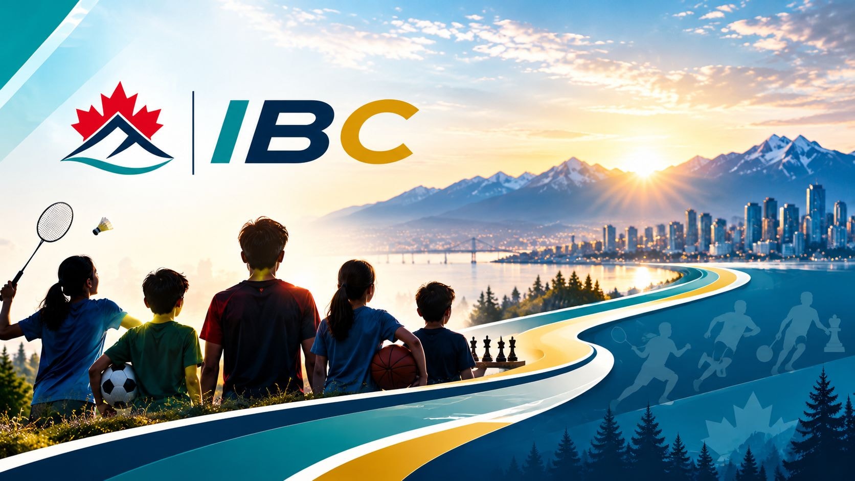 Illustration of young athletes with badminton, soccer, basketball, and chess gear looking out over a winding path toward the Vancouver skyline and mountains, representing IBC's vision for youth sport in BC